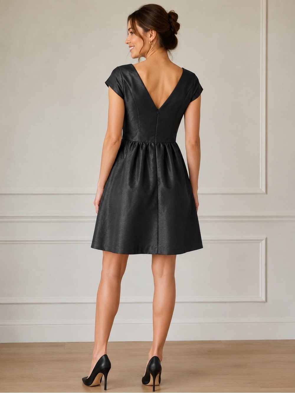 Alfred Sung Black Size 8 Fit & Flare Boat Neck Cap Sleeve Dress - Picture 2 of 8